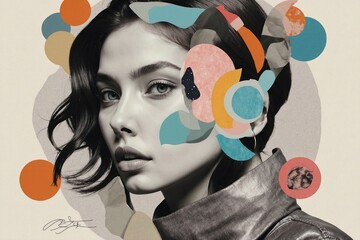 Contemporary minimal collage art. Sketch cosmic girl in creative. space. Pop zine culture