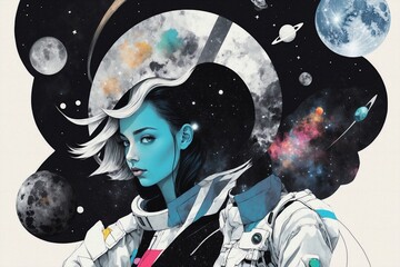 Contemporary minimal collage art. Sketch cosmic girl in creative. space. Pop zine culture