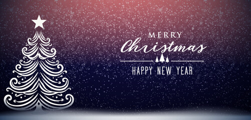 Merry christmas and happy new year banner background. Dark horizontal template creative design with christmas tree, snowflake decoration, stars. Suit for poster, flyer, cover, banner, brochure