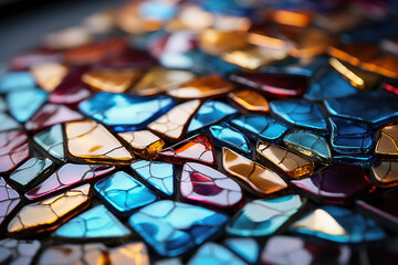 Close-up of a colorful stained glass mosaic pattern with vibrant geometric shapes and glossy texture for creative backgrounds.