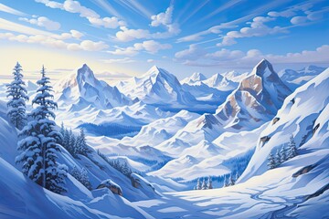 Fantasy snowy landscape with blue sky