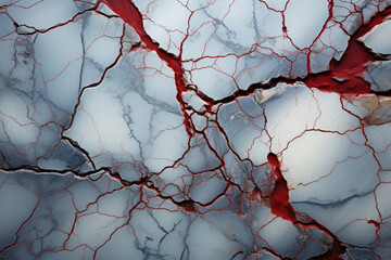 Abstract image of a cracked surface with a striking red and blue pattern, perfect for backgrounds or textured designs.