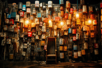 A vintage collection of old, rustic oil cans displayed on a wall inside a dimly lit garage, creating an eclectic and nostalgic ambiance. - obrazy, fototapety, plakaty
