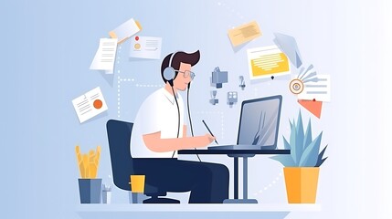 A man works in call center office.  Global call center, online support, customer service concept.   - obrazy, fototapety, plakaty