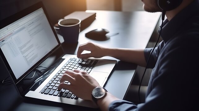 Close Up Of Hands. Office Worker Sitting At Workplace Working Online On Laptop Computer At Office.