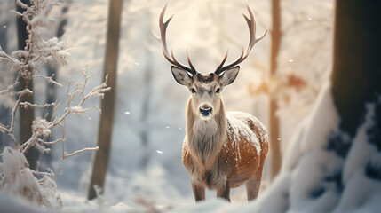 deer in the winter with the snow and tree