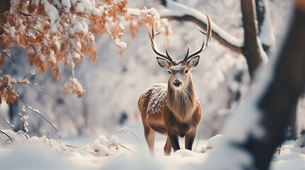 deer in the winter with the snow and tree