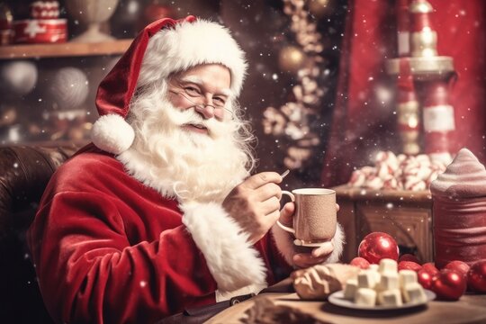 A vintage Santa Claus enjoying a cup of hot cocoa 