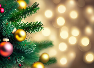 Christmas background with decorative fir tree on blurred neon light background with bokeh