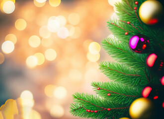 Fototapeta na wymiar Christmas background with decorative fir tree on blurred neon light background with bokeh