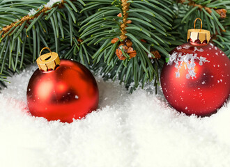 Naklejka na ściany i meble Christmas background with decorative fir tree on blurred neon light background with bokeh