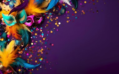 Mardi Gras poster. A banner template with Venetian masquerade masks, confetti and feathers isolated on purple background, copy space at the right. Costume party flyer for carnivals. AI Generative
