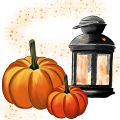 Two pumpkins with lantern 