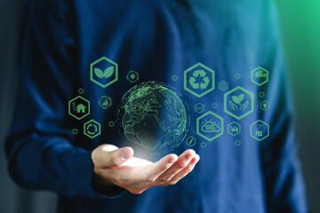 ESG concept ,Sustainable development goal (SDGs) Ideas Globe Glass on green Moss in forest business...