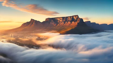 Photo sur Plexiglas Montagne de la Table Dramatic Sunrise Morning Fog Over Table Mountain