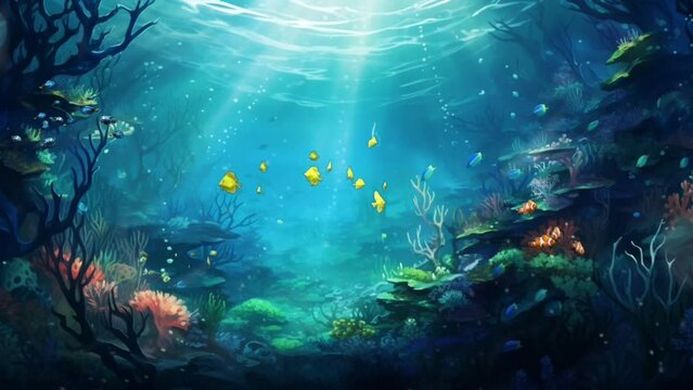 Tropical sea underwater fishes on coral reef. seamless looping virtual video animation background, cartoon style. Generated with AI
