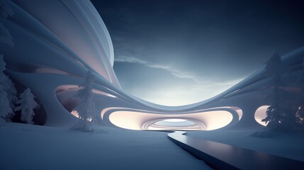 Abstract bionic architectural form made of snow and ice in a snowy area with a path and snow-covered fir trees