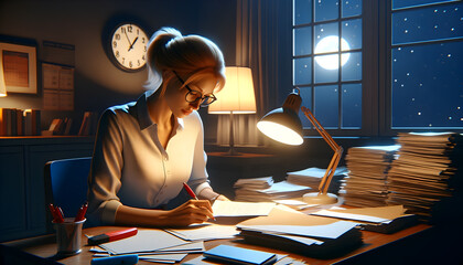 Focused woman or teacher marking homework late at desk with lamp light, papers, and clock - obrazy, fototapety, plakaty