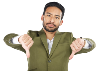 Portrait man, corporate problem and thumbs down for business fail, no opinion vote or decision disagreement. Emoji hand gesture, rejection and Asian consultant isolated on transparent, png background