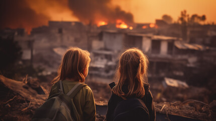 Couple of children suffering with wars in the world between countries, children looking at the destroyed horizon - obrazy, fototapety, plakaty