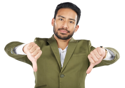 Portrait man, corporate problem and thumbs down for business fail, no opinion vote or decision disagreement. Emoji hand gesture, rejection and Asian consultant isolated on transparent, png background
