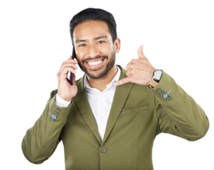 Phone call, hand gesture and portrait of businessman isolated on a transparent PNG background. Asian man talking on mobile smartphone for business discussion, conversation or chat with shaka sign