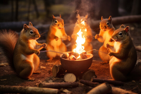 Squirrels roasting marshmallows in a campfire - Powered by Adobe