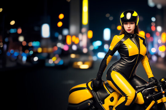 Caucasian woman riding motorcycle dressed in yellow leather suit surrounded by lights of metropolis bokeh, Generative IA