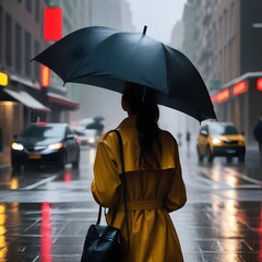 a wet day and a woman strolling down the street holding an umbrella