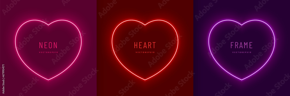 Sticker set of neon lighting heart shape frame design on red, pink and purple background. elements valentine