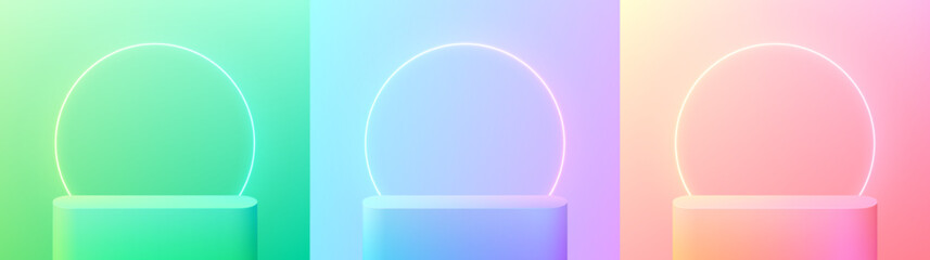 Set of 3D background with green, blue-pink and red-yellow round corner stand podium pedestal with neon ring scene. Vector geometric platform. Mockup product display. Minimal wall scene. Stage showcase