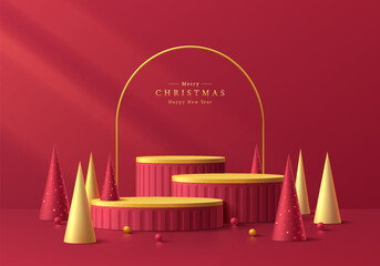 3D podium background set. Red golden cylinder pedestal with red and golden christmas tree wall scene. Platforms mockup product display presentation. Abstract composition minimal design. Stage showcase