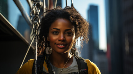 Portrait of a courageous self-confident African american woman as an industrial climber on the wall of a skyscraper
