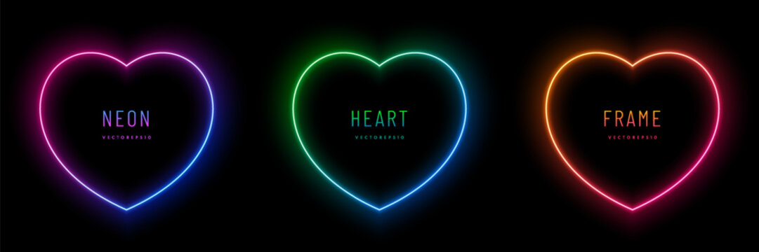 Set of blue, red-purple, green heart shape frame design. Abstract cosmic vibrant color backdrop. Collection of glowing neon lighting on dark background with copy space. valentine day element design.