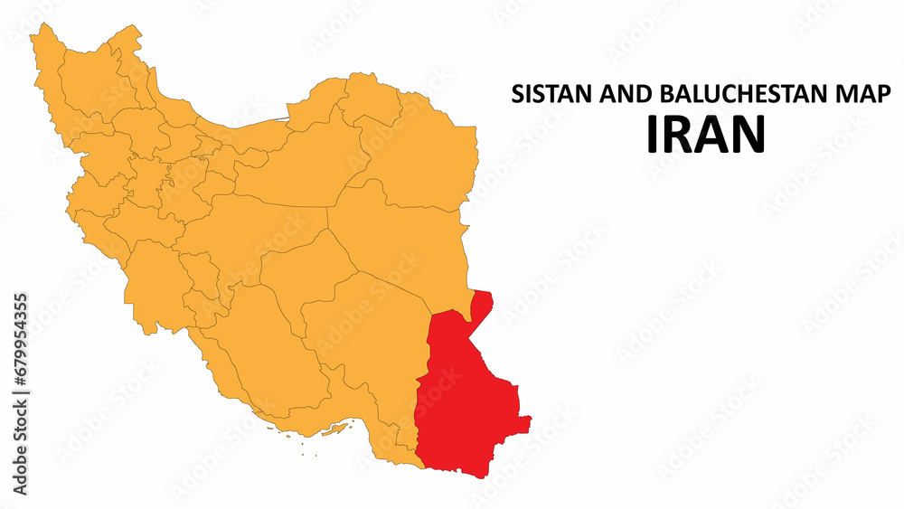 Poster iran map. sistan and baluchestan map highlighted on the iran map with detailed state and region outl