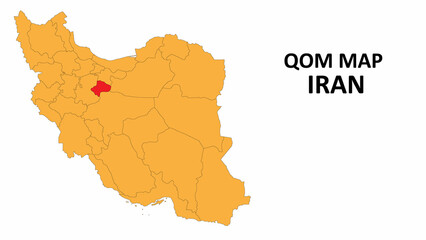 Iran Map. Qom Map highlighted on the Iran map with detailed state and region outlines.