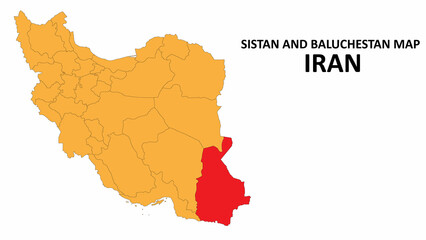 Iran Map. Sistan and Baluchestan Map highlighted on the Iran map with detailed state and region outlines.