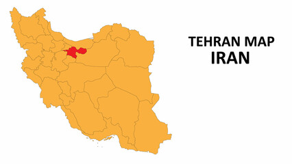 Iran Map. Tehran Map highlighted on the Iran map with detailed state and region outlines.