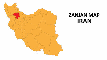 Iran Map. Zanjan Map highlighted on the Iran map with detailed state and region outlines.