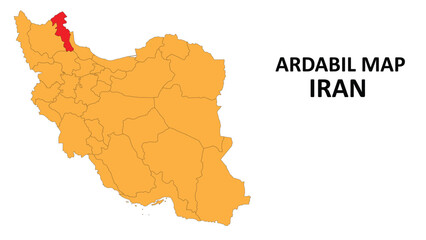 Iran Map. Ardabil Map highlighted on the Iran map with detailed state and region outlines.