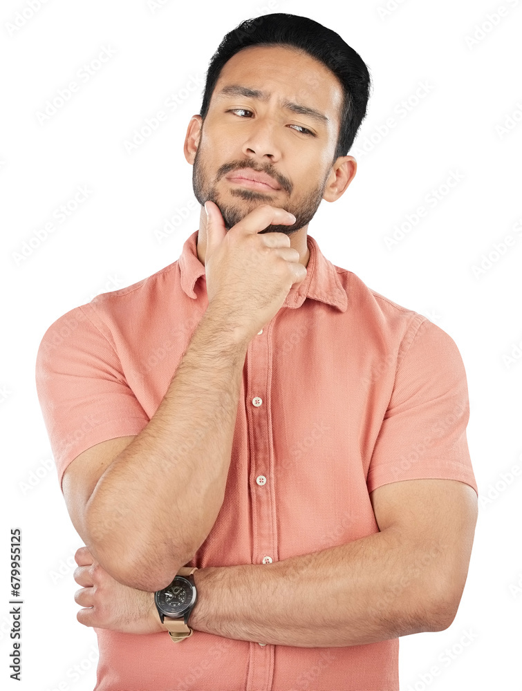 Canvas Prints Confused, thinking and asian man with questions on isolated, transparent and png background. Why, doubt and face of Japanese male model with brainstorming emoji for solution, problem solving or guess