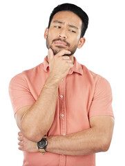 Confused, thinking and asian man with questions on isolated, transparent and png background. Why,...