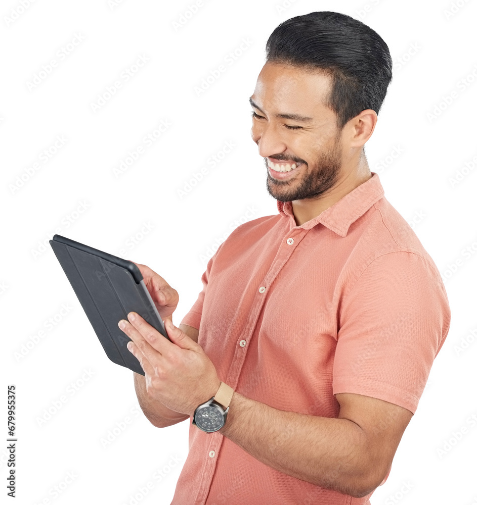 Poster search, tablet and happy man for entrepreneur, technology and internet on isolated transparent png b