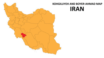 Iran Map. Kohgiluyeh and Boyer Ahmad Map highlighted on the Iran map with detailed state and region outlines.