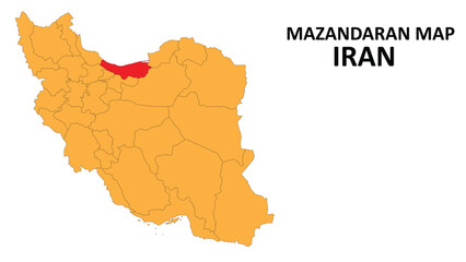 Iran Map. Mazandaran Map highlighted on the Iran map with detailed state and region outlines.
