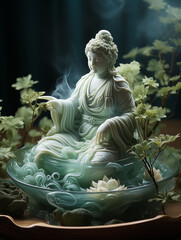 Green Chinese style Guanyin statue on a plate