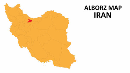 Iran Map. Alborz Map highlighted on the Iran map with detailed state and region outlines.