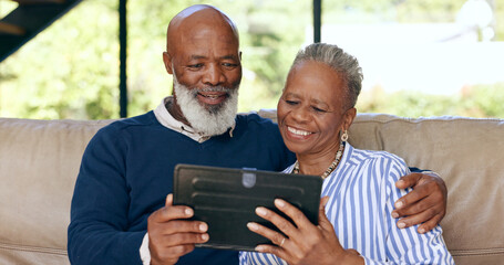 Tablet, video call and senior couple on a sofa for web communication, network or chat at home....