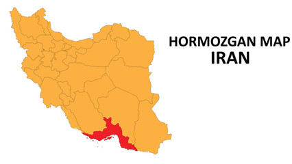 Iran Map. Hormozgan Map highlighted on the Iran map with detailed state and region outlines.