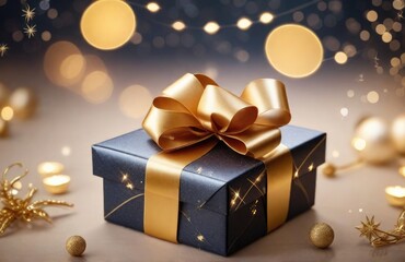 Obraz na płótnie Canvas Christmas gift box with golden bow and decoration on bokeh background